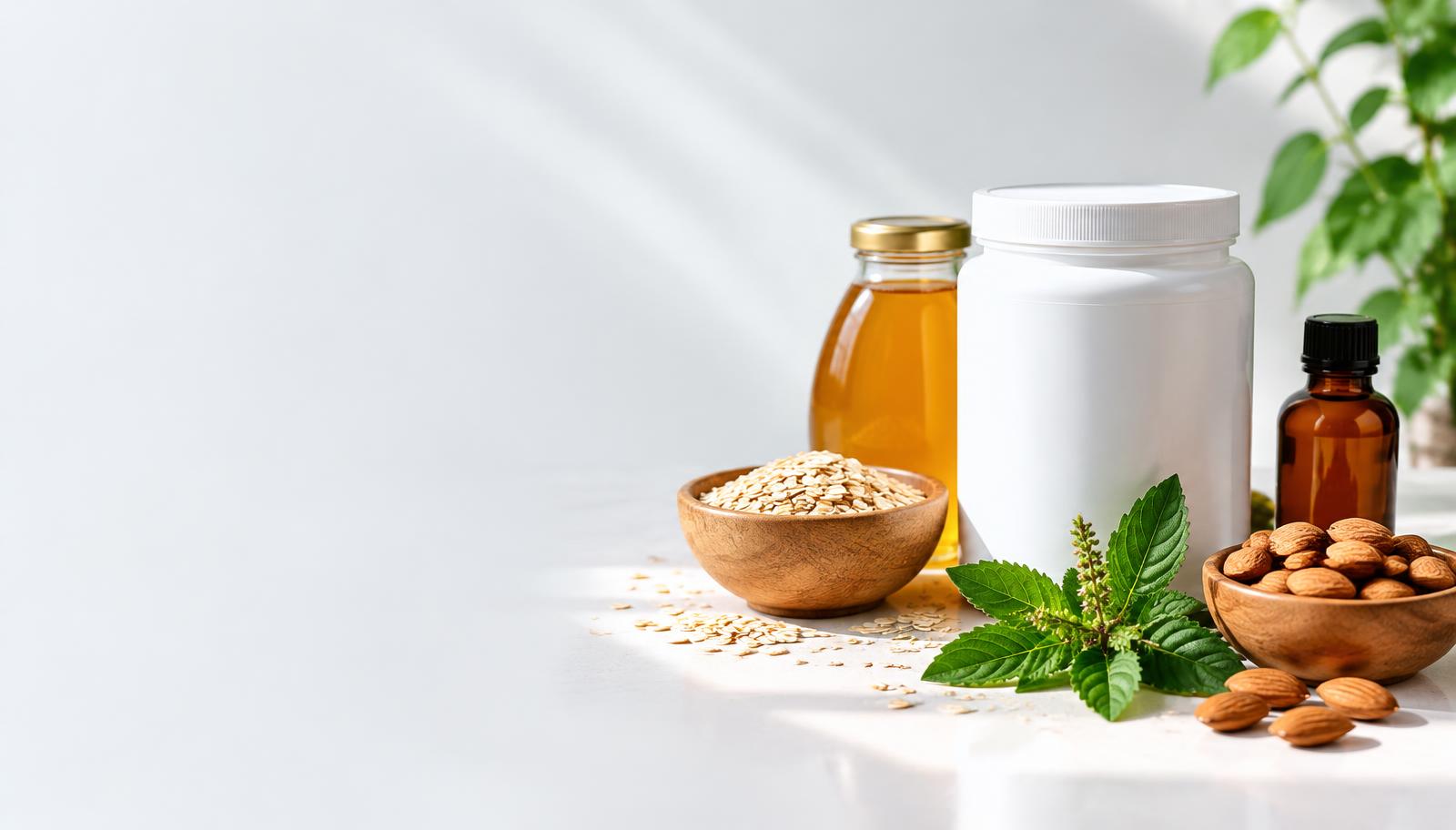 Illustrative food and wellness assortment with oats, honey, herbs and unbranded containers